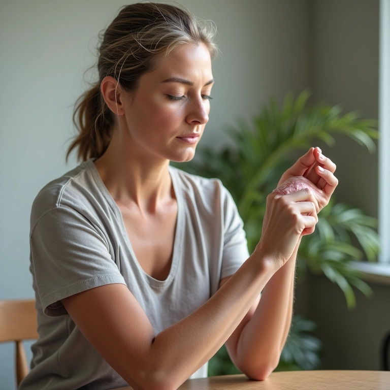 Mulher aplicando tratamento tópico em placas de psoríase no braço, em ambiente iluminado.