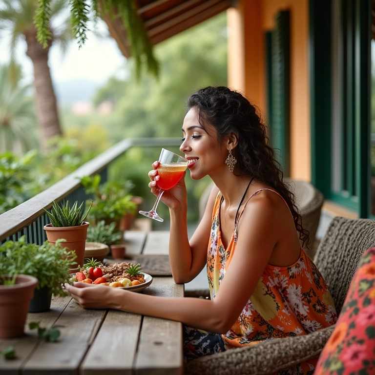 Mulher apreciando sua varanda gourmet com estilo moderno e vibrante.