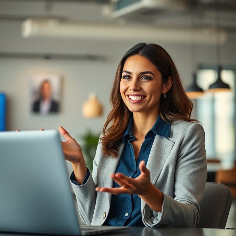 Mulher apresentando online com confiança.