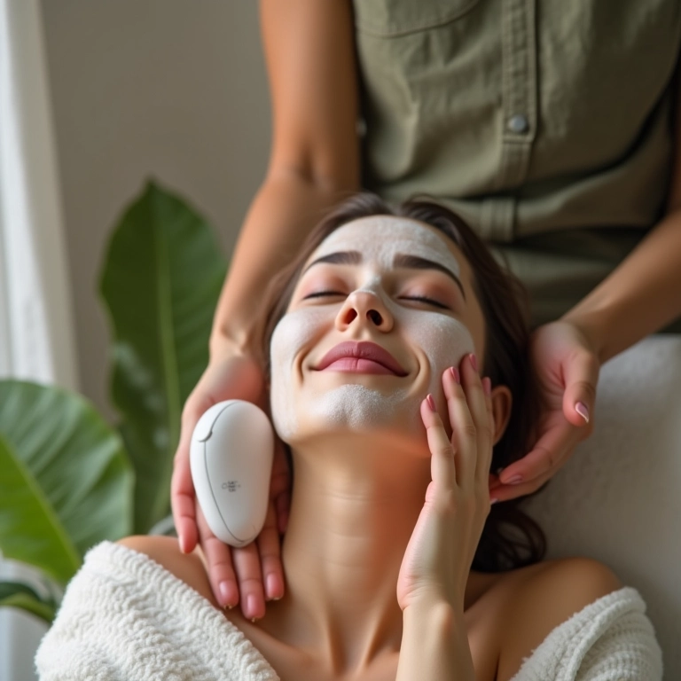 Mulher aproveitando massagem facial com massageador facial.