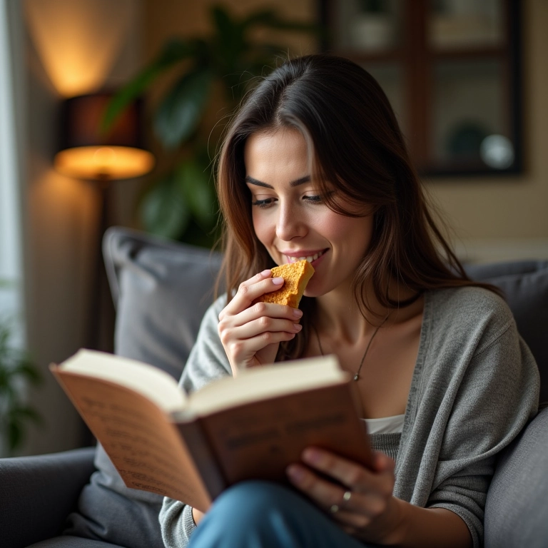 Mulher aproveitando pequena recompensa em sala de estar brasileira.