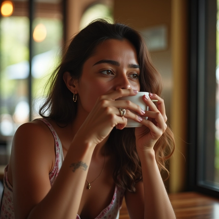 Mulher aproveitando um café, vivendo o presente através do Ikigai.