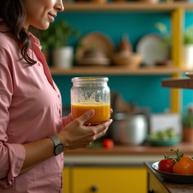 Mulher armazena molho caseiro na geladeira.