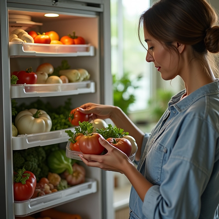 Mulher armazenando verduras em potes reutilizáveis na geladeira.
