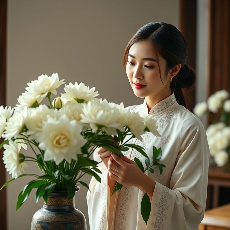 Mulher asiática arranjando crisântemos brancos.