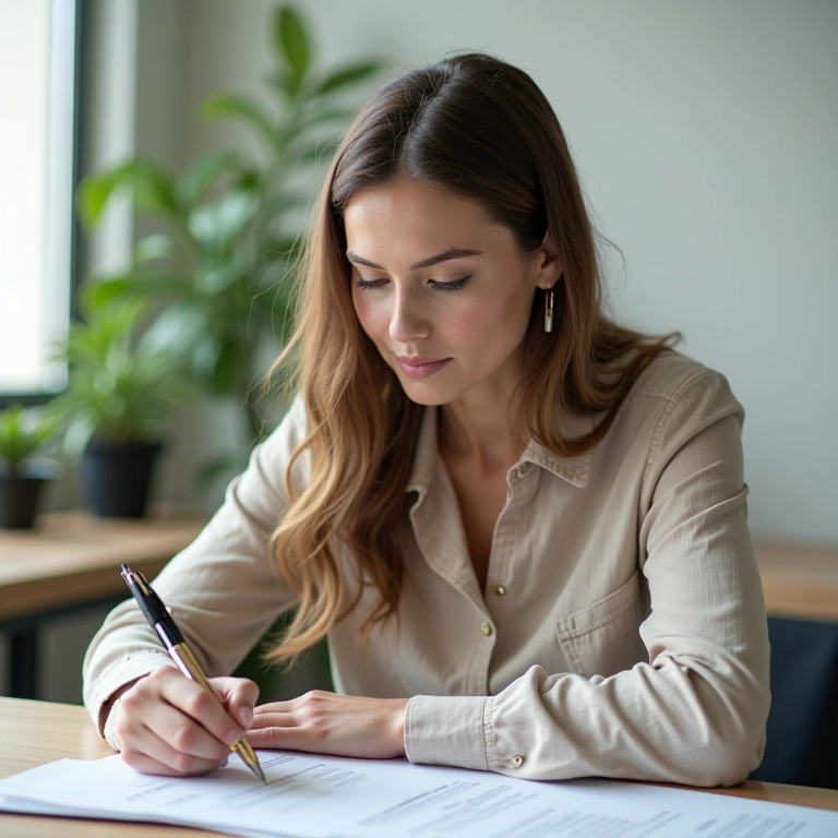 Mulher assinando documentos para legalizar seu negócio de orgânicos.