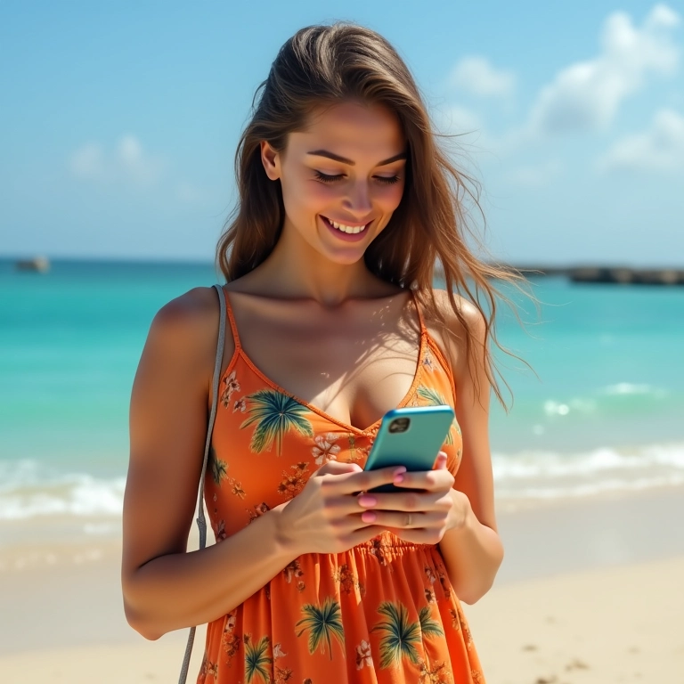 Mulher baixando arquivo rapidamente em smartphone 5G na praia.