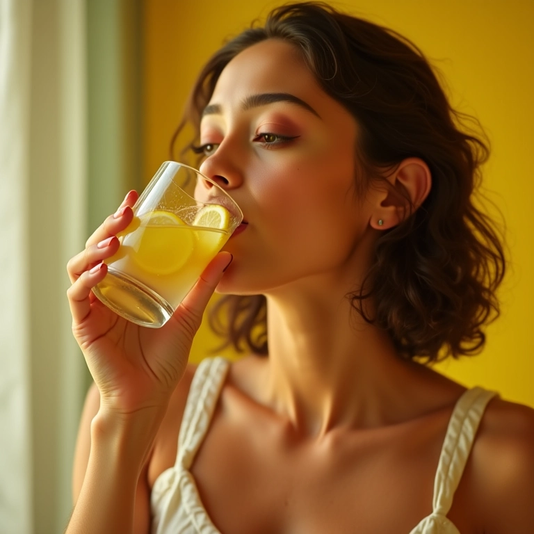 Mulher bebendo água com limão, detox e pele limpa.