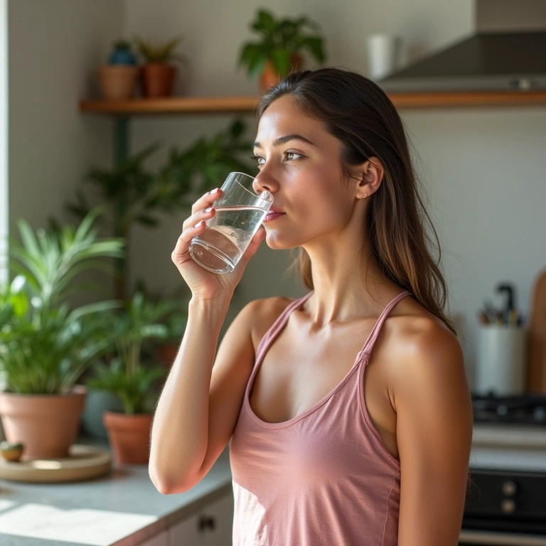 Mulher bebendo água em cozinha iluminada.