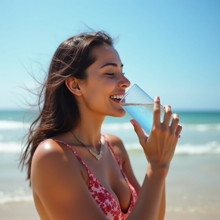 Mulher bebendo água na praia.