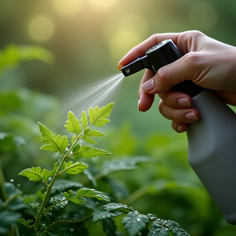Mulher borrifando água nas folhas de uma samambaia com um borrifador.