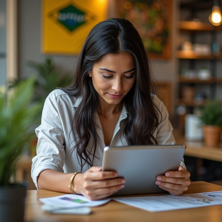 Mulher brasileira analisando dados de clientes em tablet.