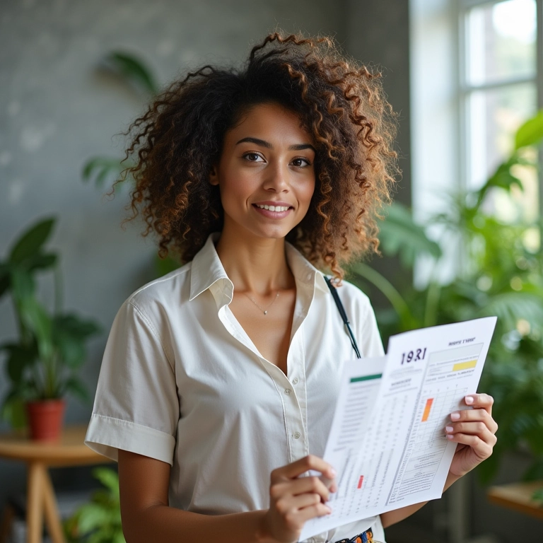 Mulher brasileira analisando tabela de impostos MEI em escritório.