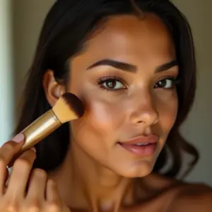 Mulher brasileira aplicando bronzer para um efeito bronzeado natural.
