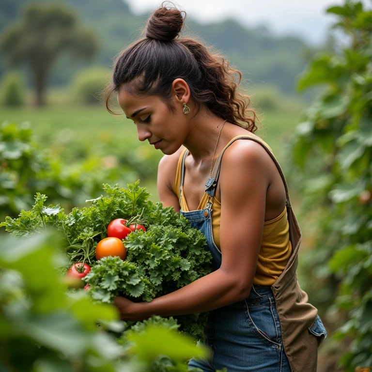 Mulher brasileira colhendo vegetais em uma horta de permacultura.