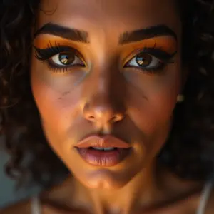 Mulher brasileira com maquiagem de olhos vibrante e expressiva.