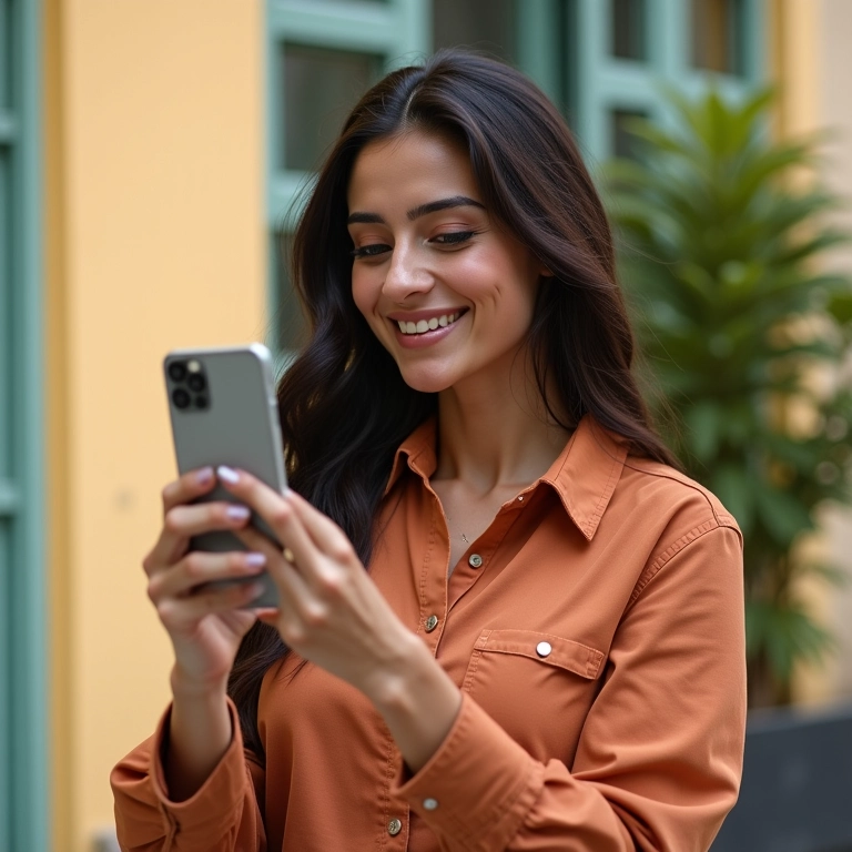 Mulher brasileira compartilhando post nas redes sociais.