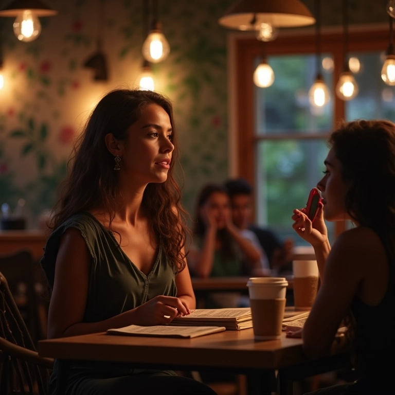 Mulher brasileira contando história em café aconchegante, representando storytelling.