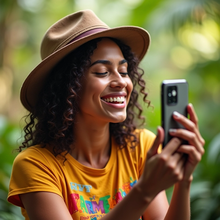 Mulher brasileira criando um Story no Instagram com filtros.