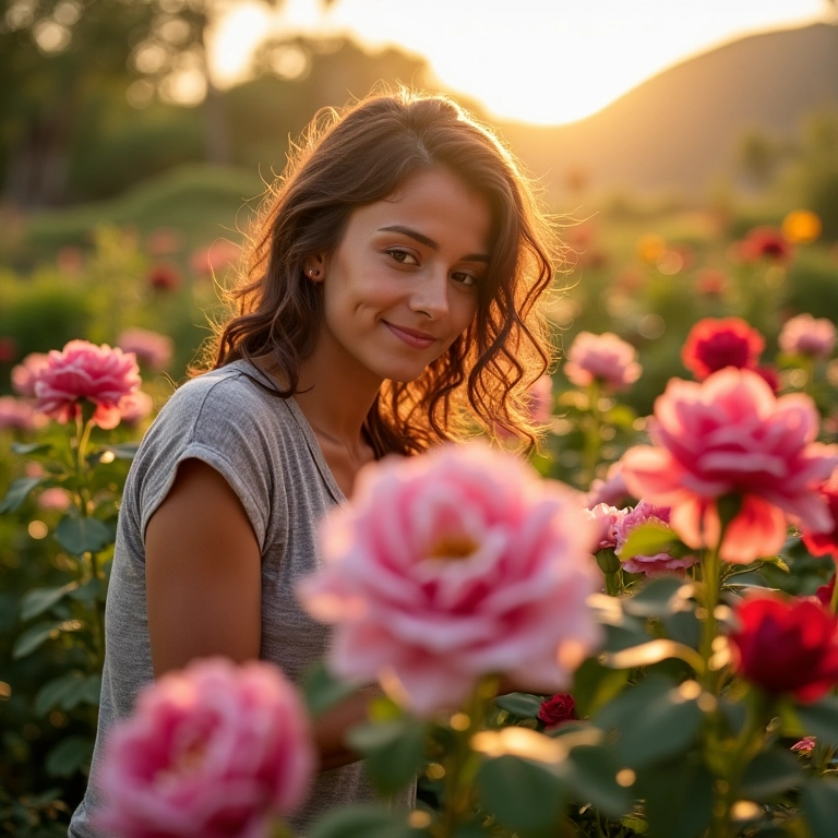 Mulher brasileira cuidando de rosas em seu jardim ensolarado.