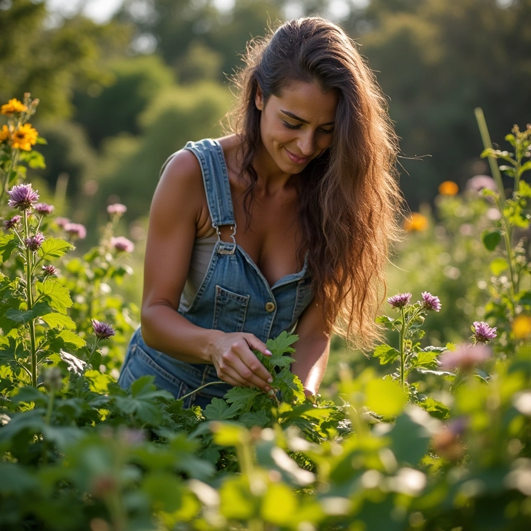 Mulher brasileira cuidando de seu jardim inglês com métodos econômicos.