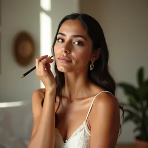 Mulher brasileira elegante se preparando para um casamento, aplicando maquiagem.