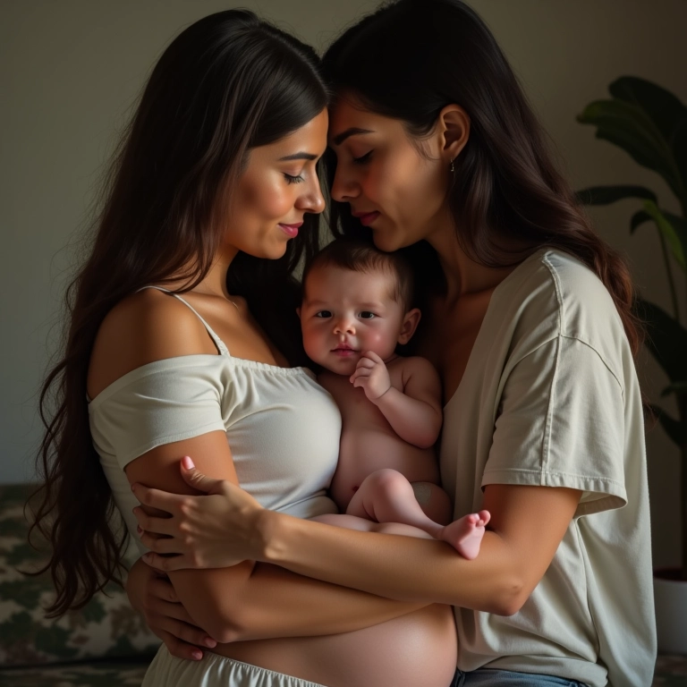 Mulher brasileira em licença-maternidade, segurando seu bebê recém-nascido.