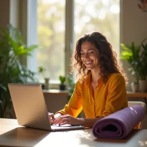 Mulher brasileira equilibrando trabalho e bem-estar em home office iluminado.