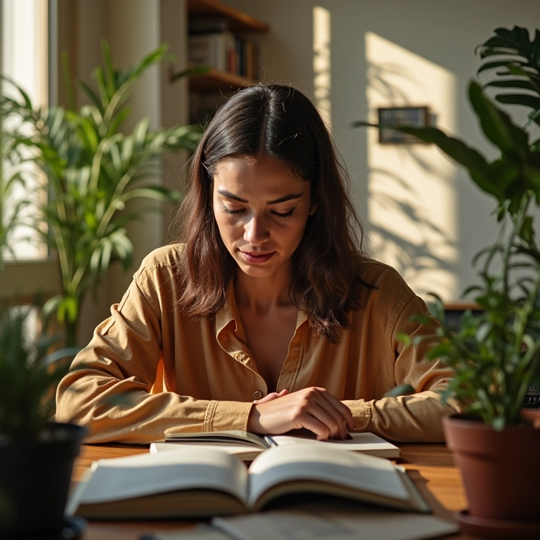 Mulher brasileira escrevendo em um diário em busca do Ikigai.