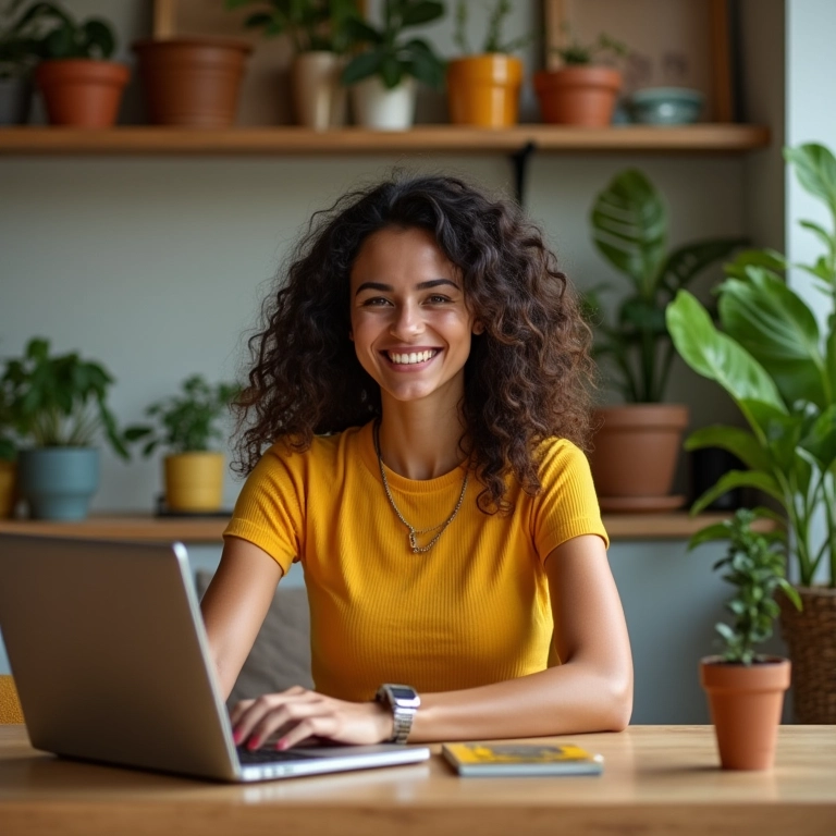 Mulher brasileira gerenciando seu orçamento e economias com alegria.