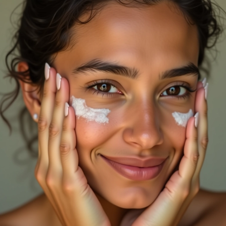 Mulher brasileira limpando o rosto suavemente para uma pele fresca.
