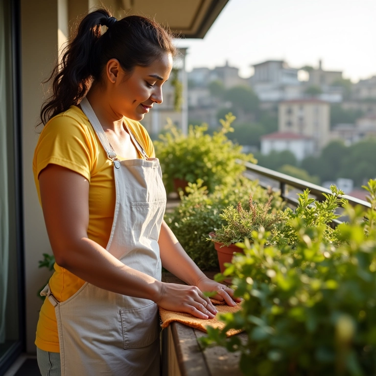 Mulher brasileira limpando varanda gourmet com design prático.