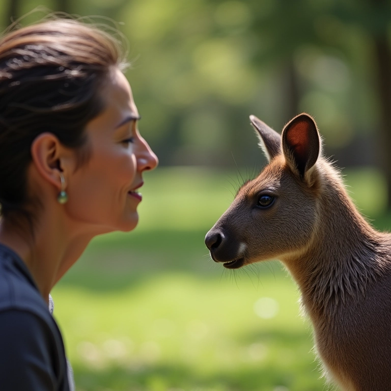 Mulher brasileira observando capivara em parque.