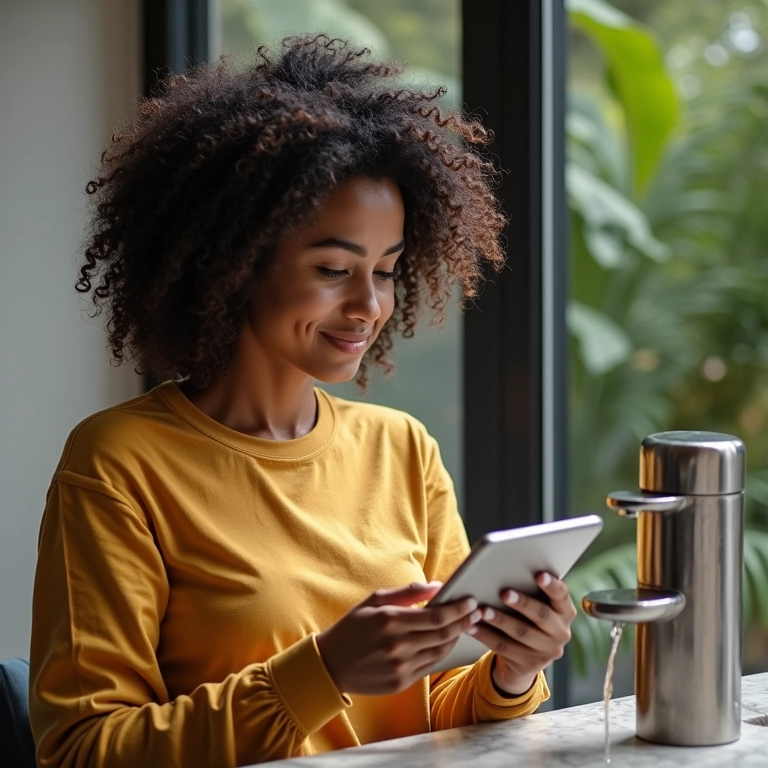 Mulher brasileira olhando opções de fontes em tablet.