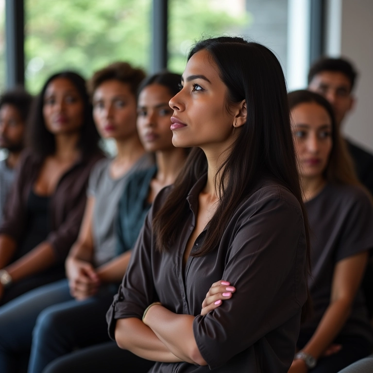 Mulher brasileira participa de workshop de dublagem.