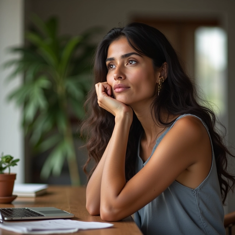 Mulher brasileira pensativa em home office, pensando nos custos iniciais.