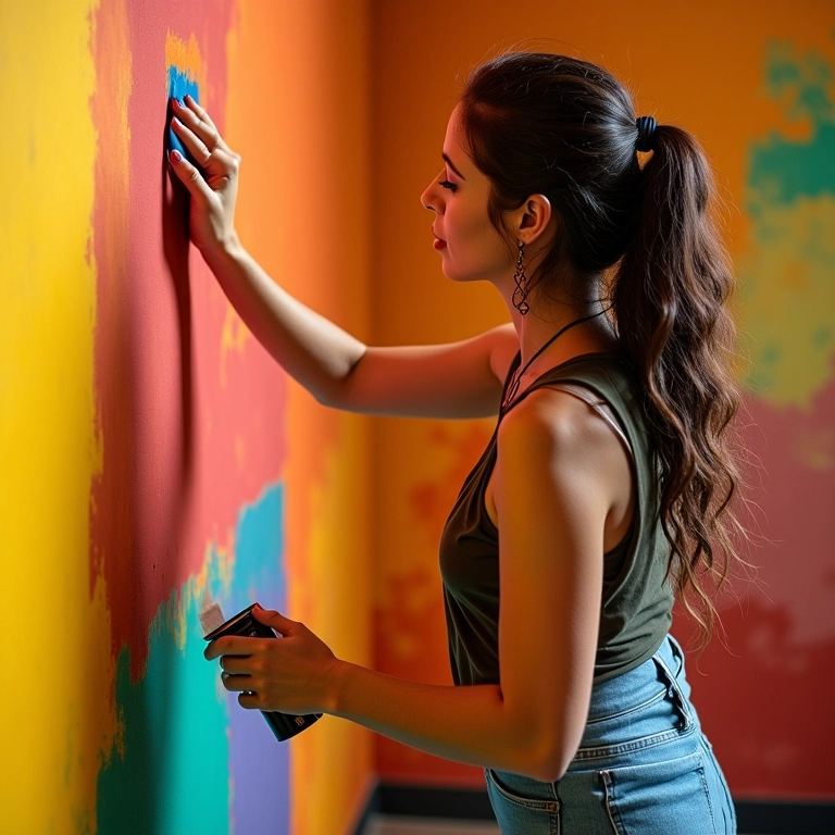 Mulher brasileira pintando parede com cores vibrantes, refletindo a psicologia das cores.