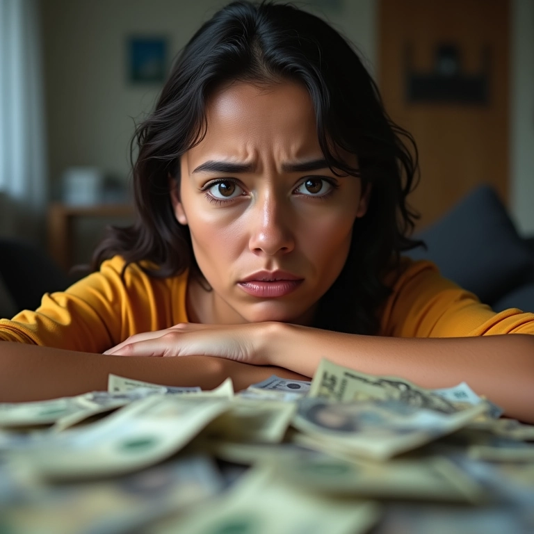 Mulher brasileira preocupada com contas, refletindo o impacto da meritocracia no dia a dia.