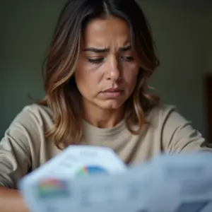 Mulher brasileira preocupada olhando para documento CPF.