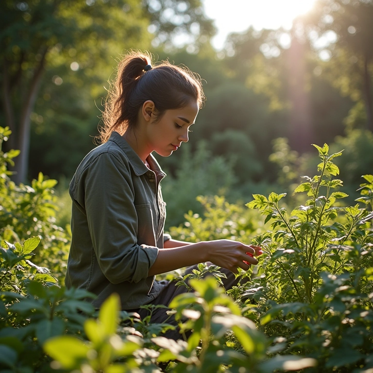 Mulher brasileira projetando layout de jardim de permacultura.