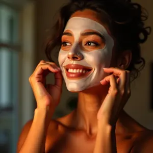 Mulher brasileira radiante aplicando máscara facial para um efeito Cinderela antes da festa.