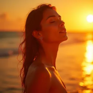 Mulher brasileira radiante com iluminador corporal, pele beijada pelo sol.