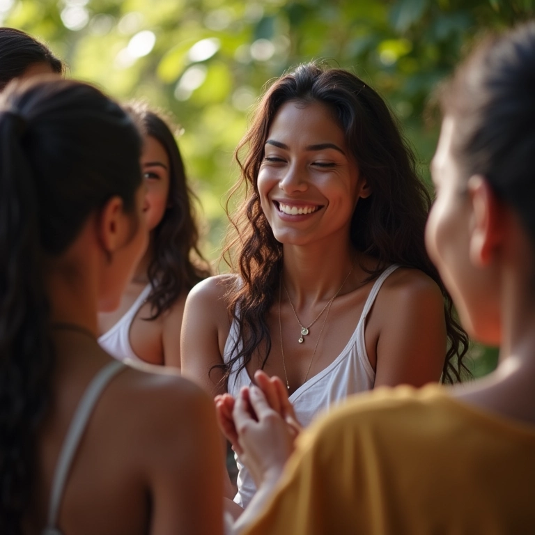 Mulher brasileira recebendo elogios de amigos.