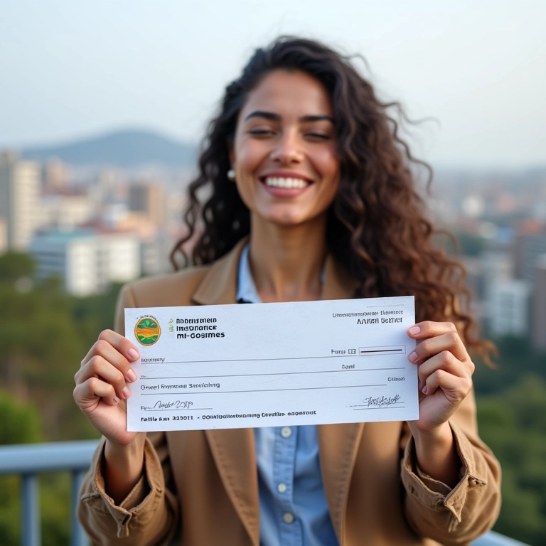 Mulher brasileira recebendo seguro-desemprego, com expressão de alívio.