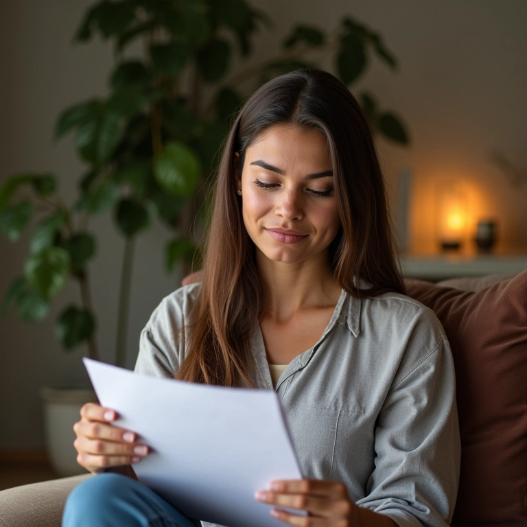 Mulher brasileira relaxada revisando documentos de negociação de dívida em casa.