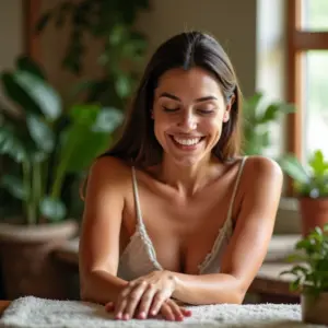 Mulher brasileira relaxando durante um spa de manicure e pedicure em casa.