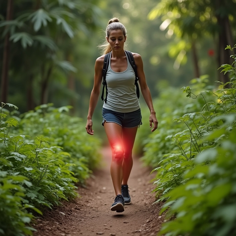 Mulher brasileira sentindo estalos no joelho durante trilha na natureza.