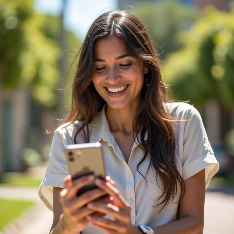 Mulher brasileira sorrindo ao verificar conta de investimento no Tesouro Prefixado.