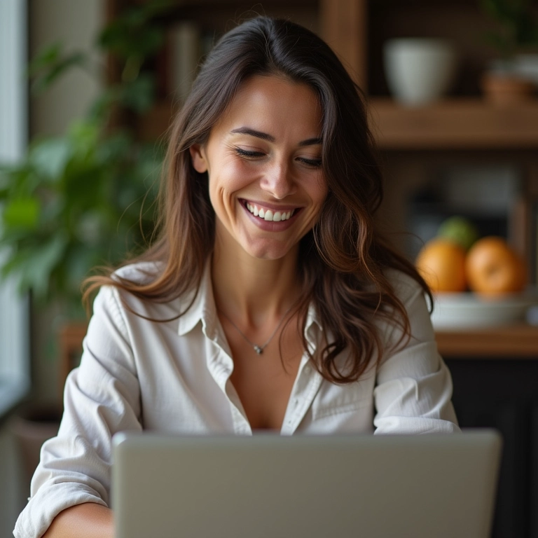 Mulher brasileira sorrindo ao verificar seus investimentos no Tesouro Direto.