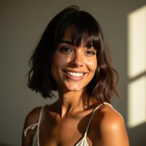 Mulher brasileira sorrindo com corte long bob estiloso.